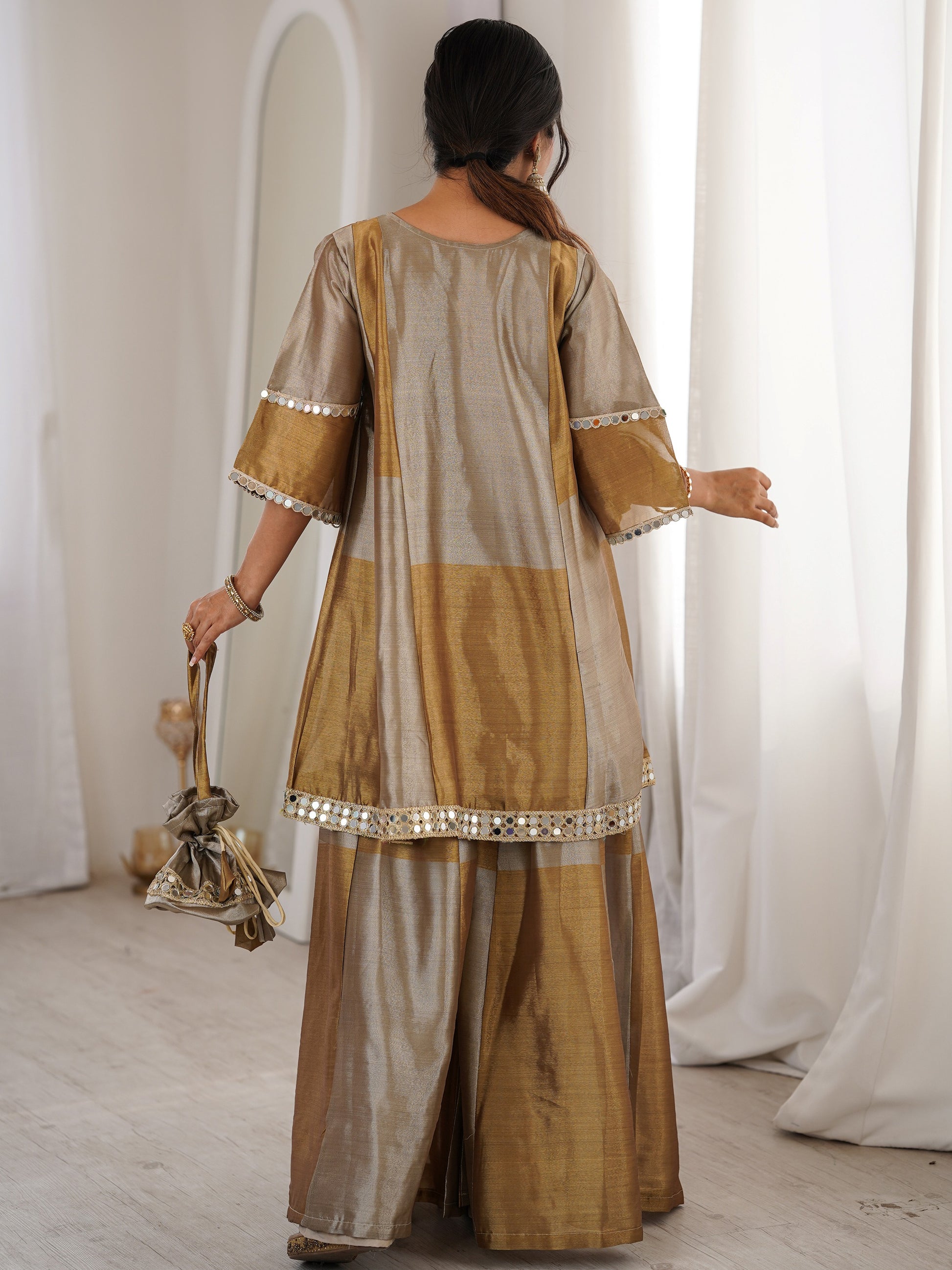 Fabulous Golden Mirror Work Tissue Silk Festival Wear Palazzo Suit