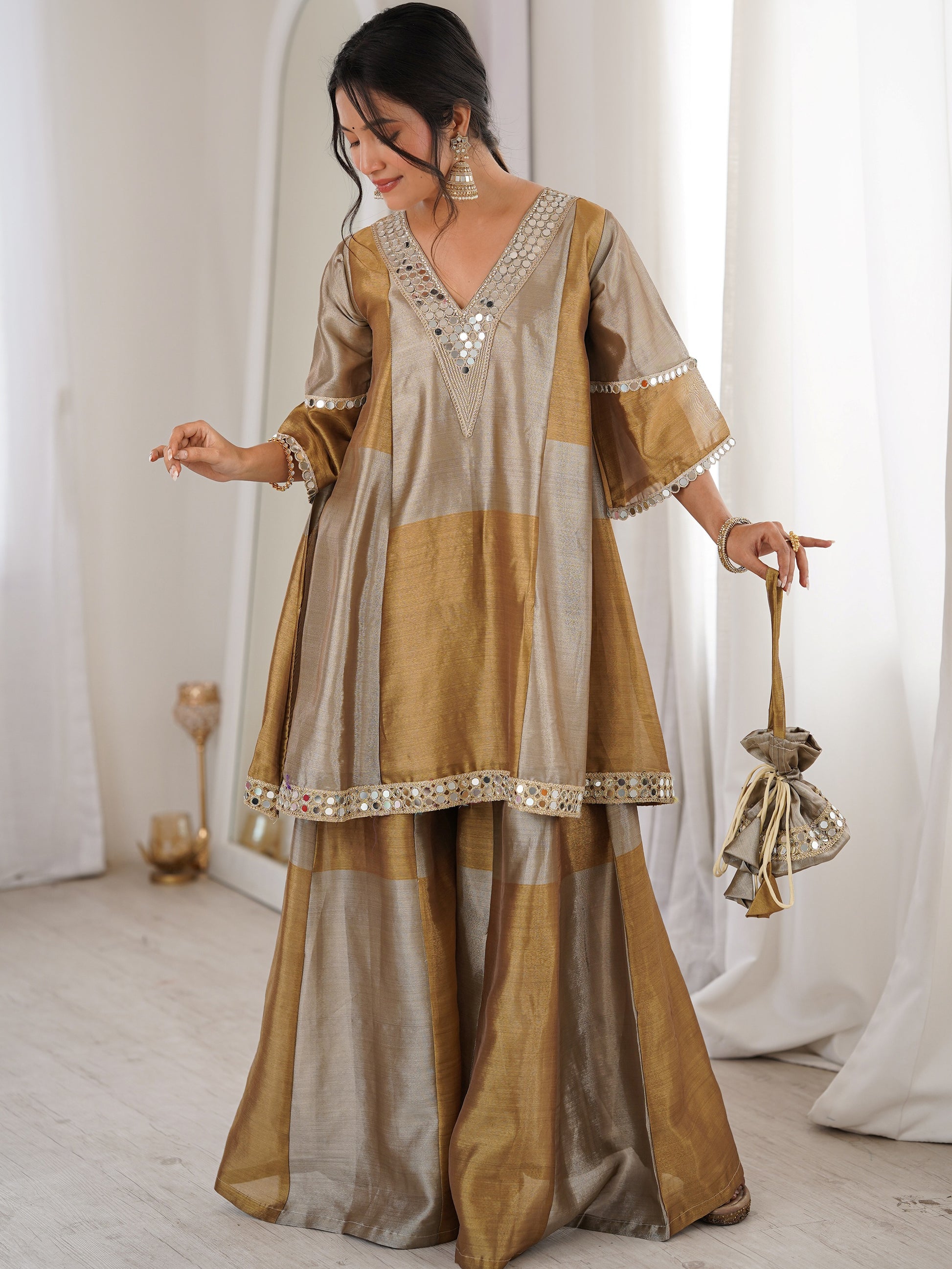 Fabulous Golden Mirror Work Tissue Silk Festival Wear Palazzo Suit