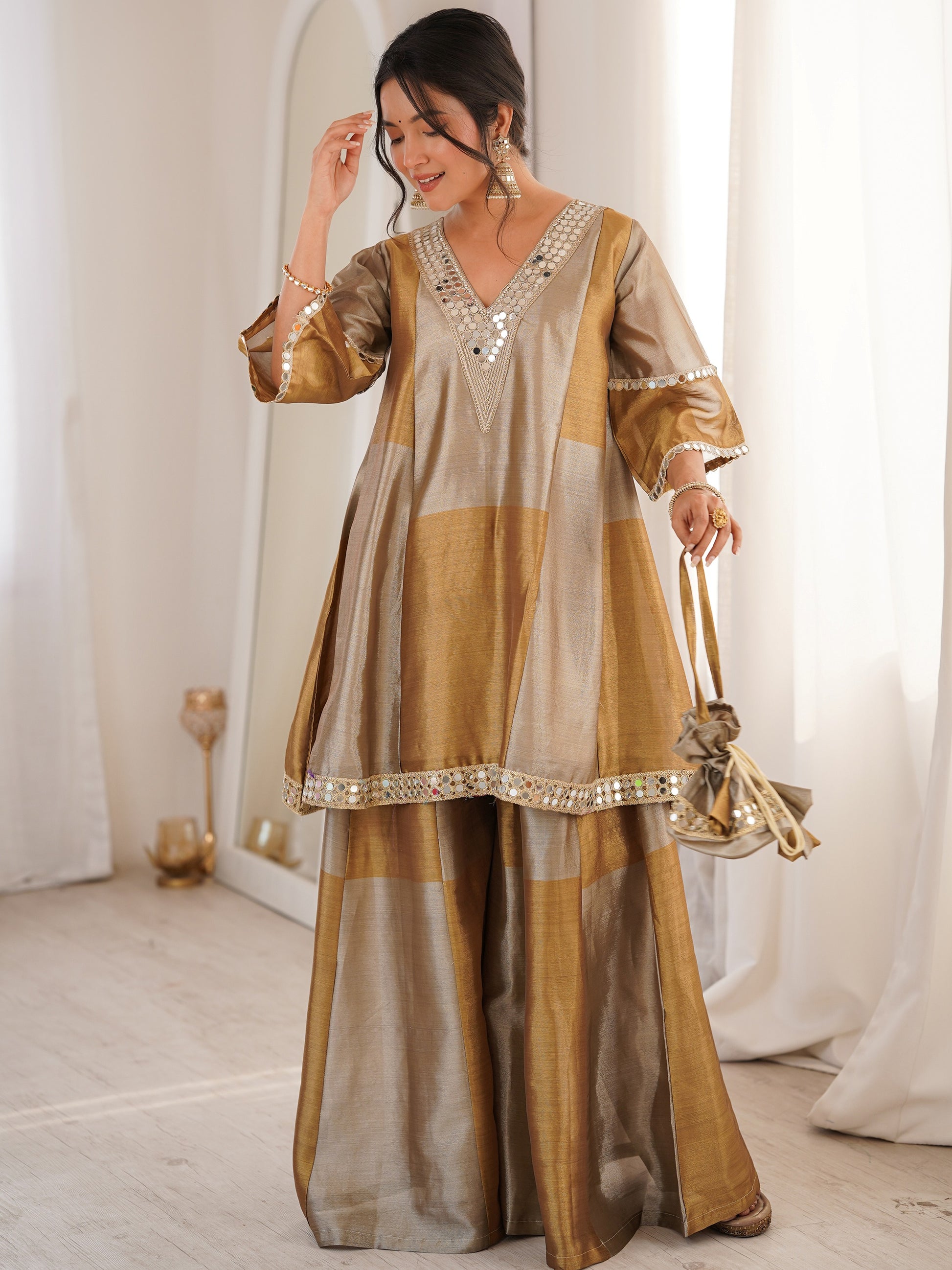 Fabulous Golden Mirror Work Tissue Silk Festival Wear Palazzo Suit