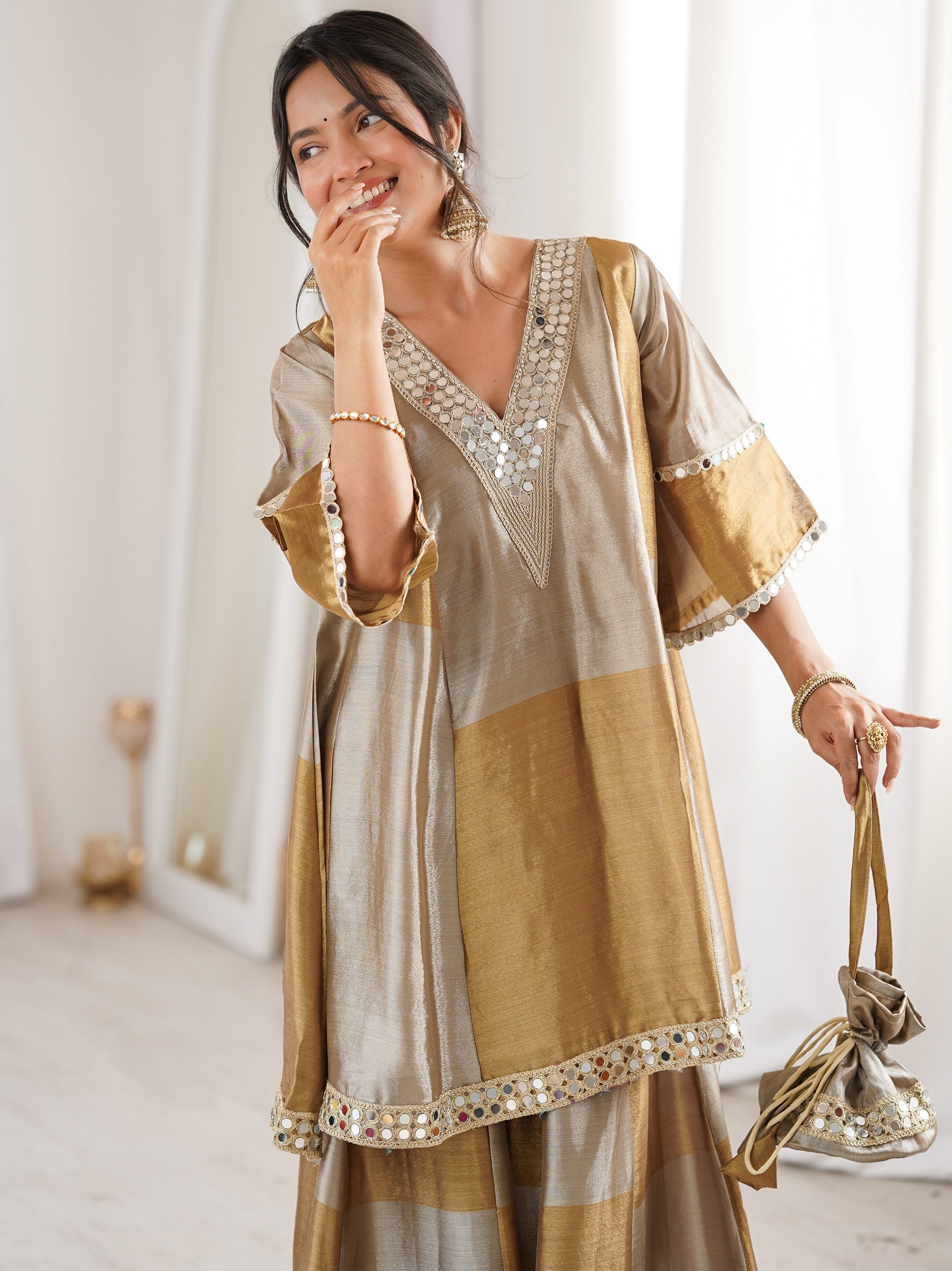 Fabulous Golden Mirror Work Tissue Silk Festival Wear Palazzo Suit