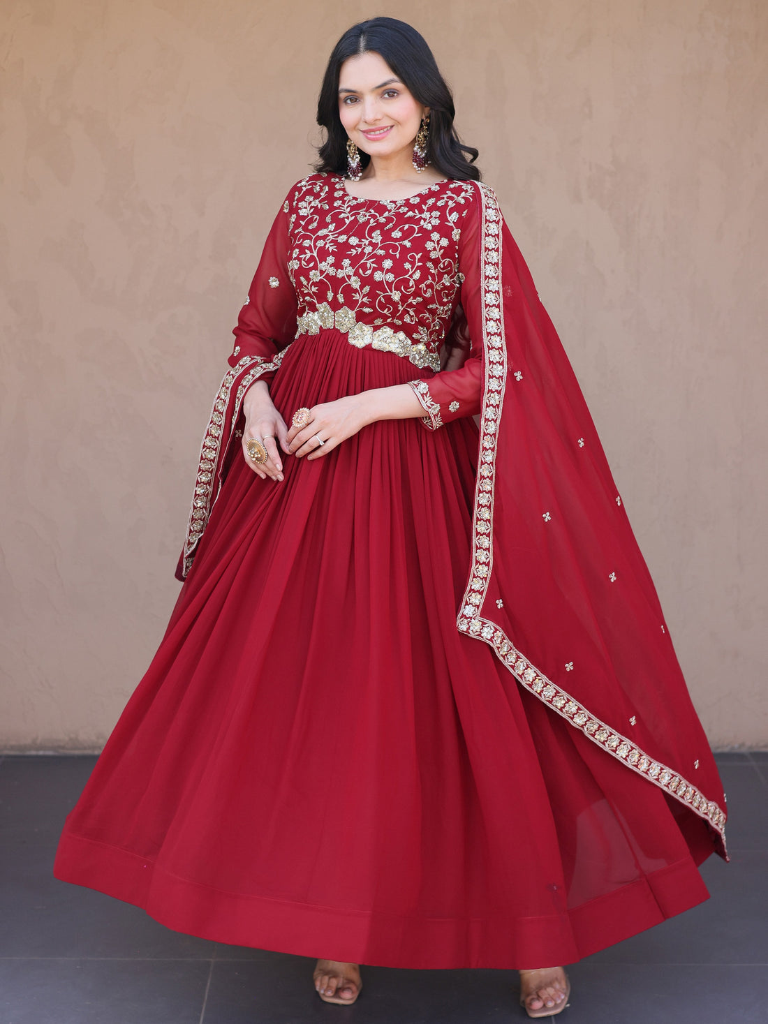 Stylish Maroon Sequins Georgette Festival Wear Gown With Dupatta