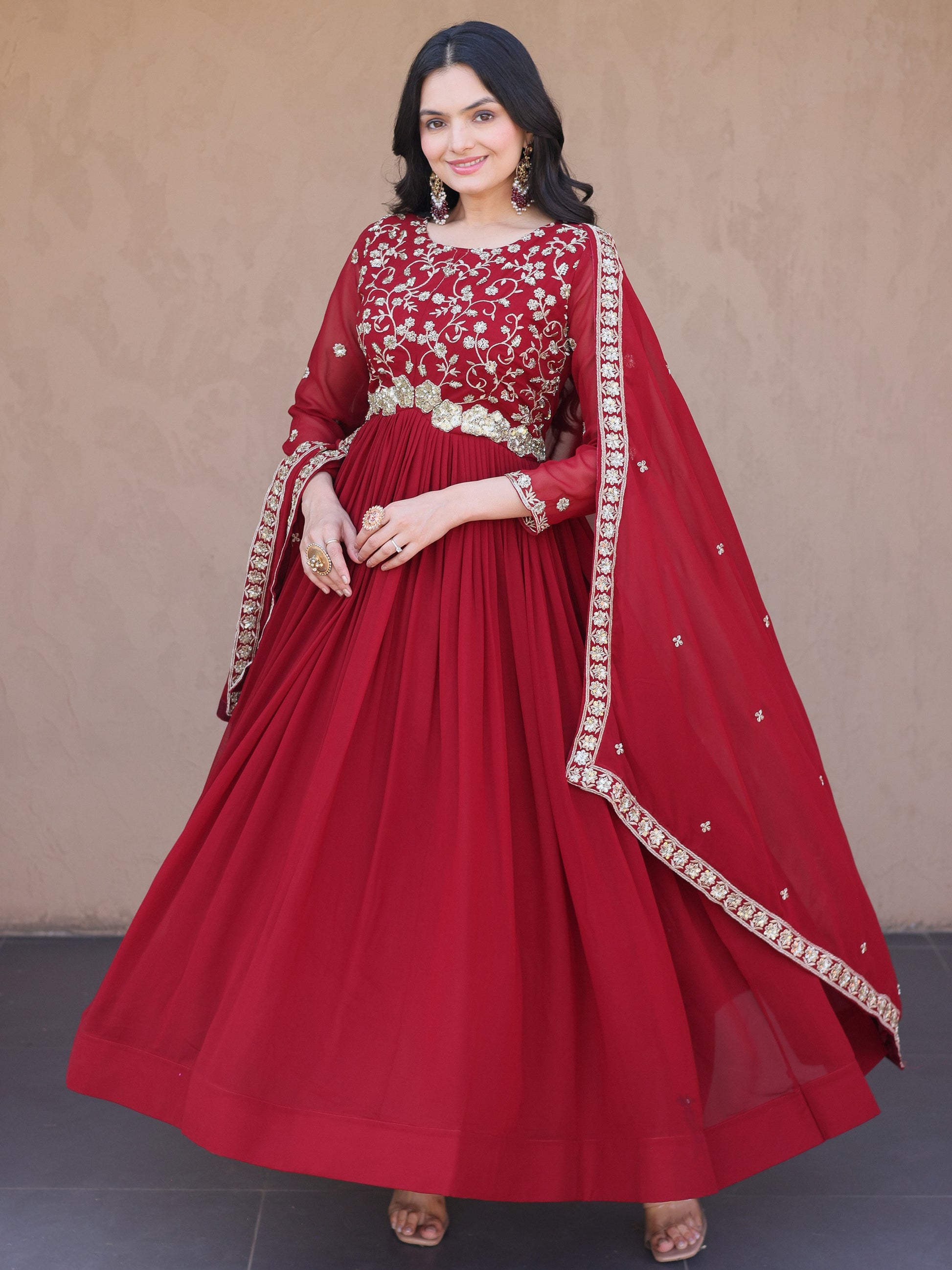 Stylish Maroon Sequins Georgette Festival Wear Gown With Dupatta