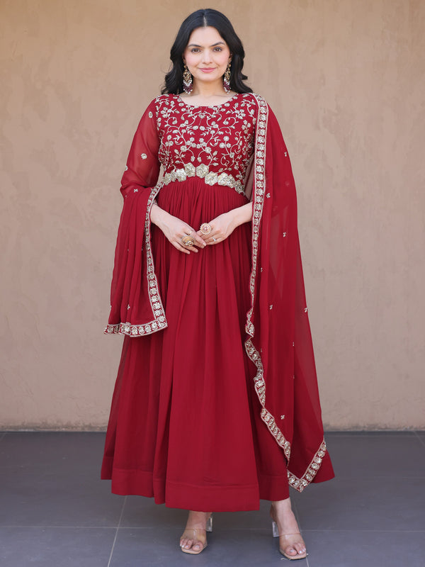 Stylish Maroon Sequins Georgette Festival Wear Gown With Dupatta