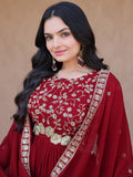 Stylish Maroon Sequins Georgette Festival Wear Gown With Dupatta