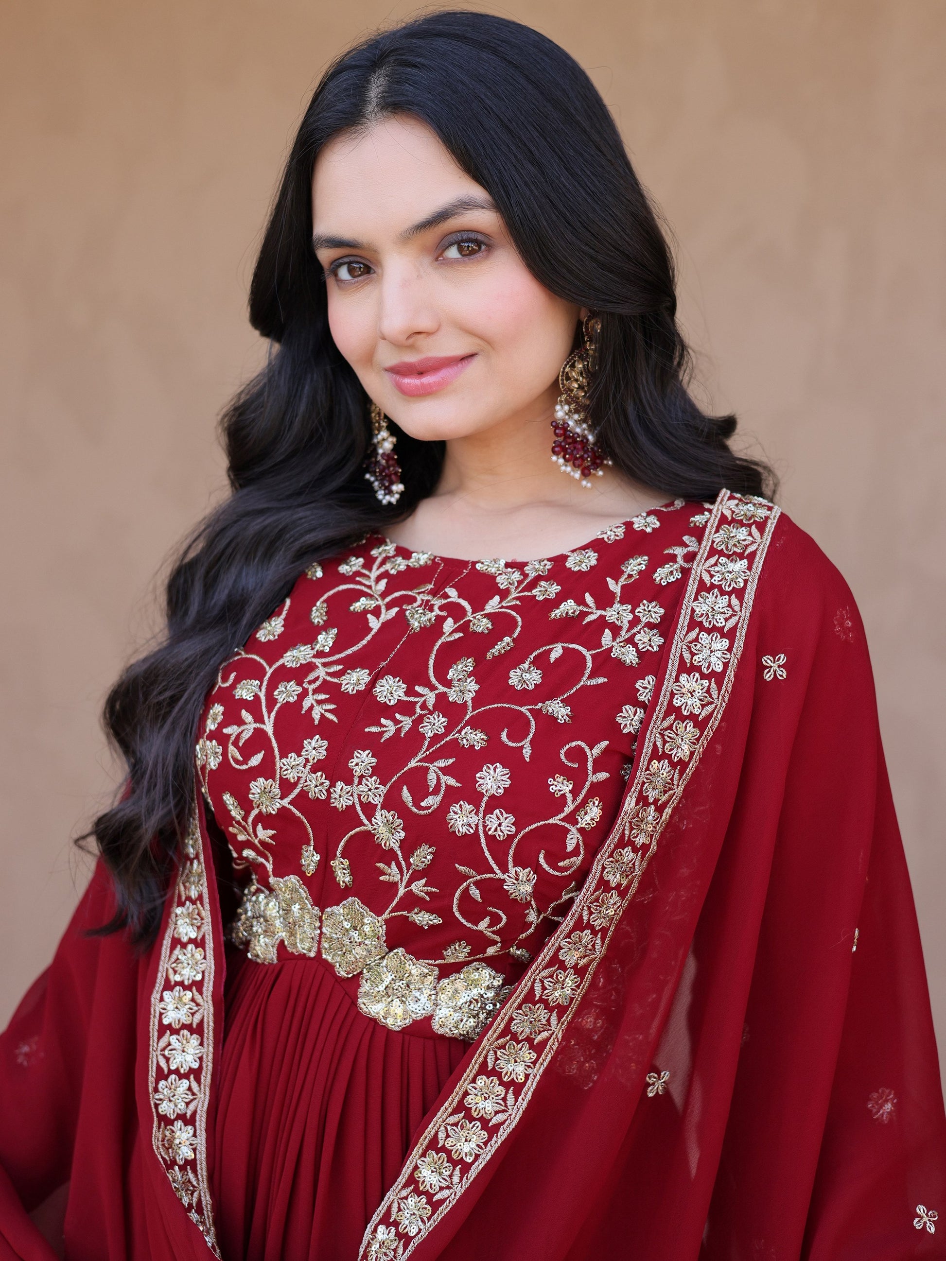 Stylish Maroon Sequins Georgette Festival Wear Gown With Dupatta