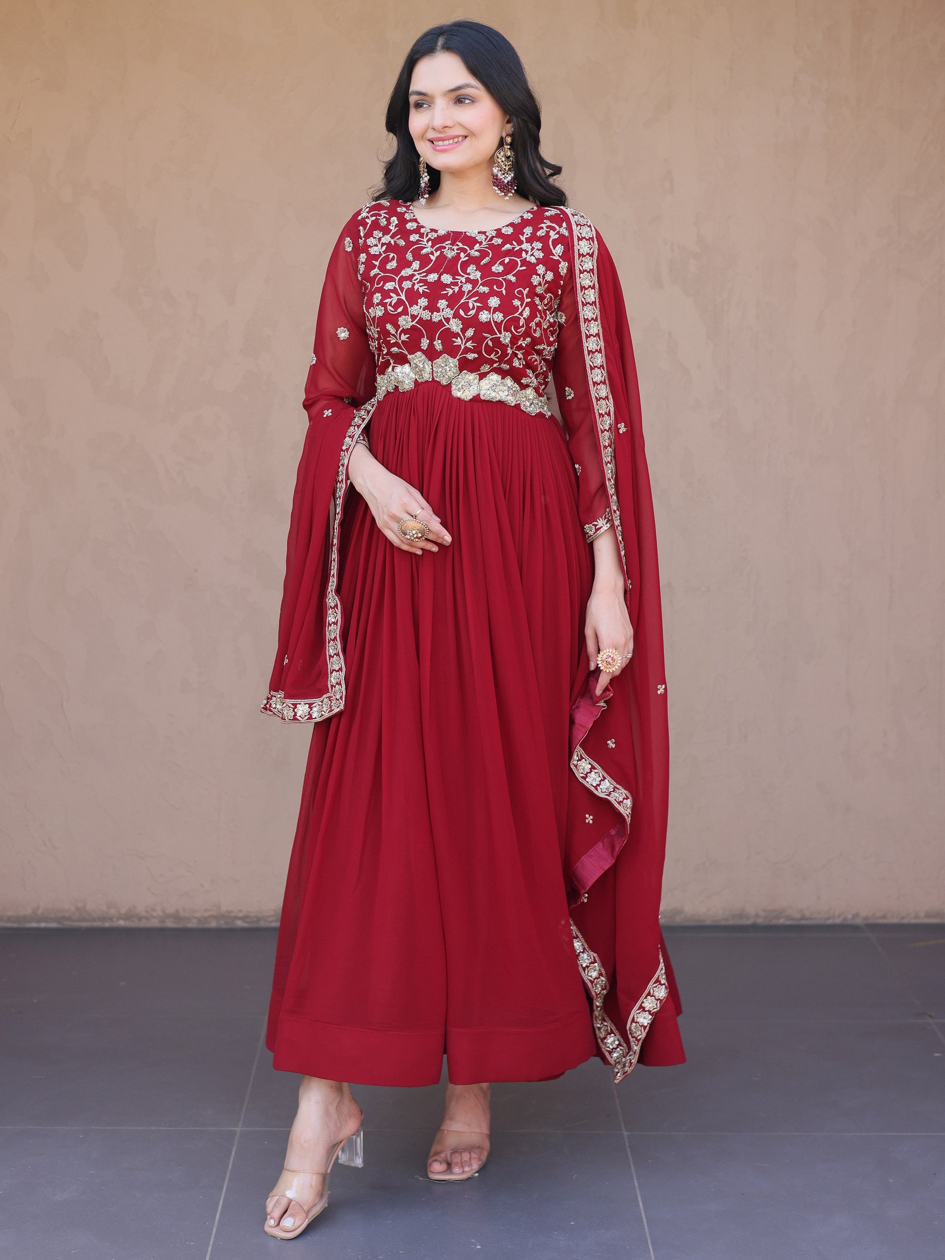 Stylish Maroon Sequins Georgette Festival Wear Gown With Dupatta