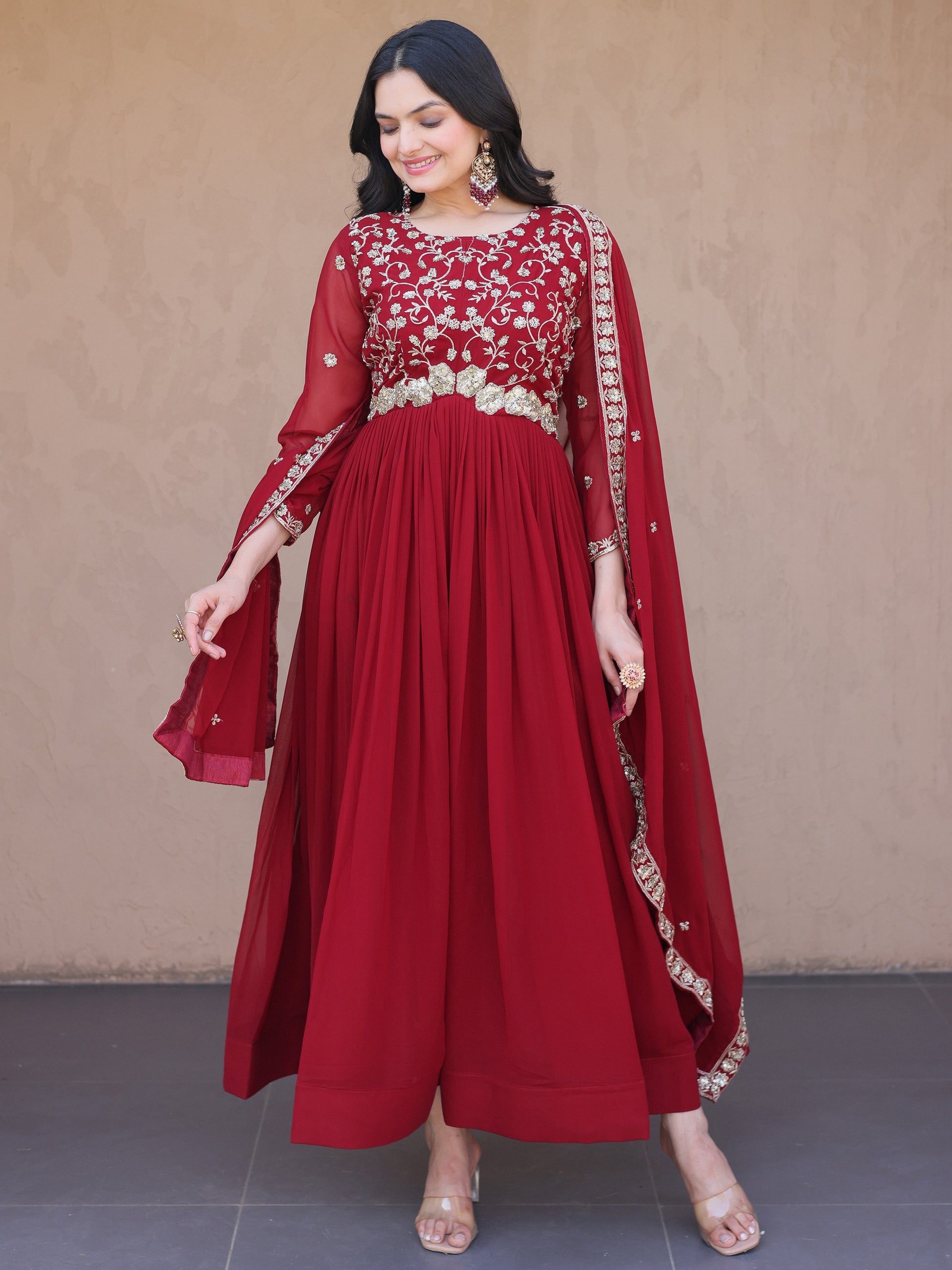 Stylish Maroon Sequins Georgette Festival Wear Gown With Dupatta