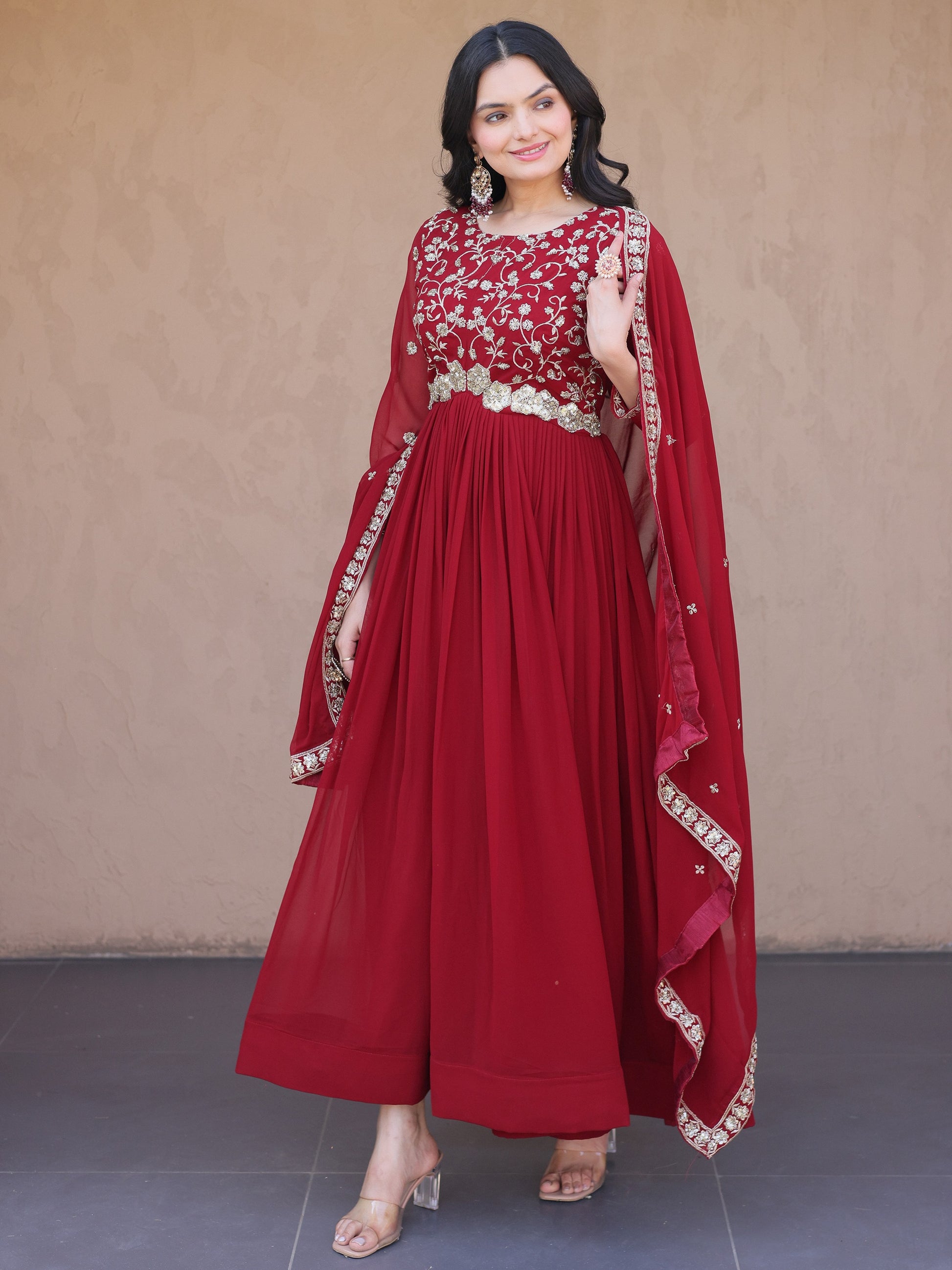 Stylish Maroon Sequins Georgette Festival Wear Gown With Dupatta