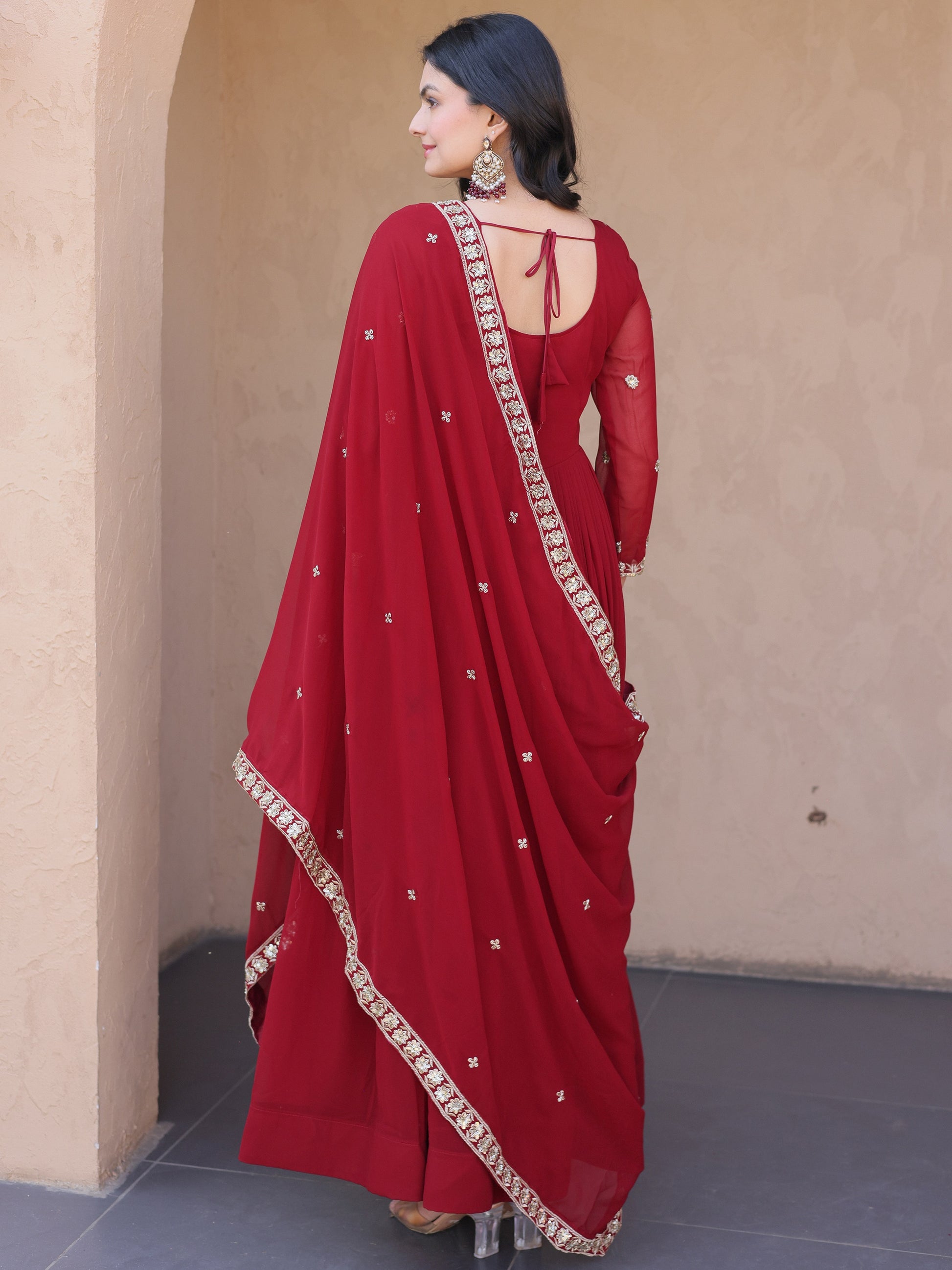 Stylish Maroon Sequins Georgette Festival Wear Gown With Dupatta