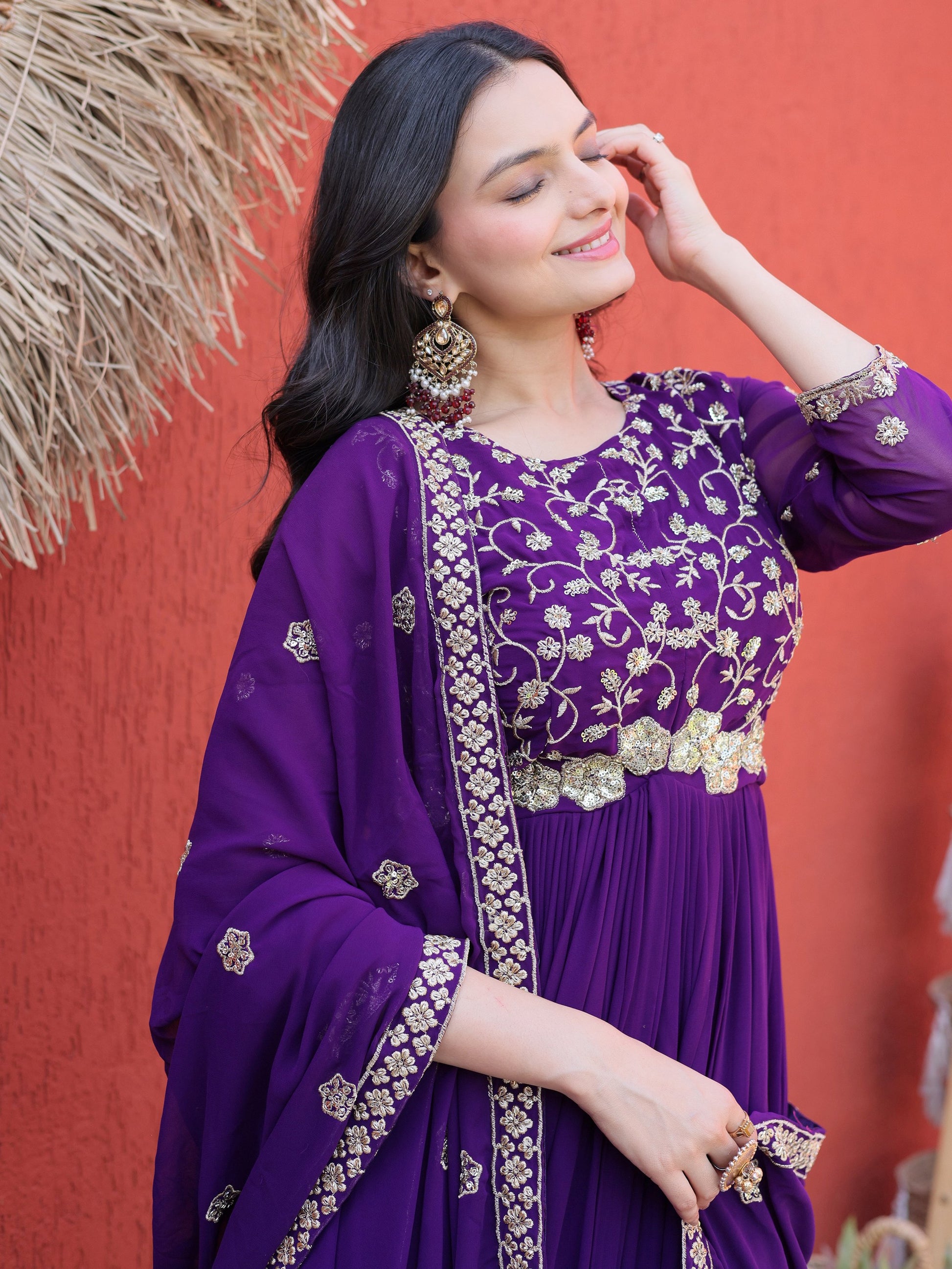 Graceful Purple Sequins Georgette Festival Wear Gown With Dupatta