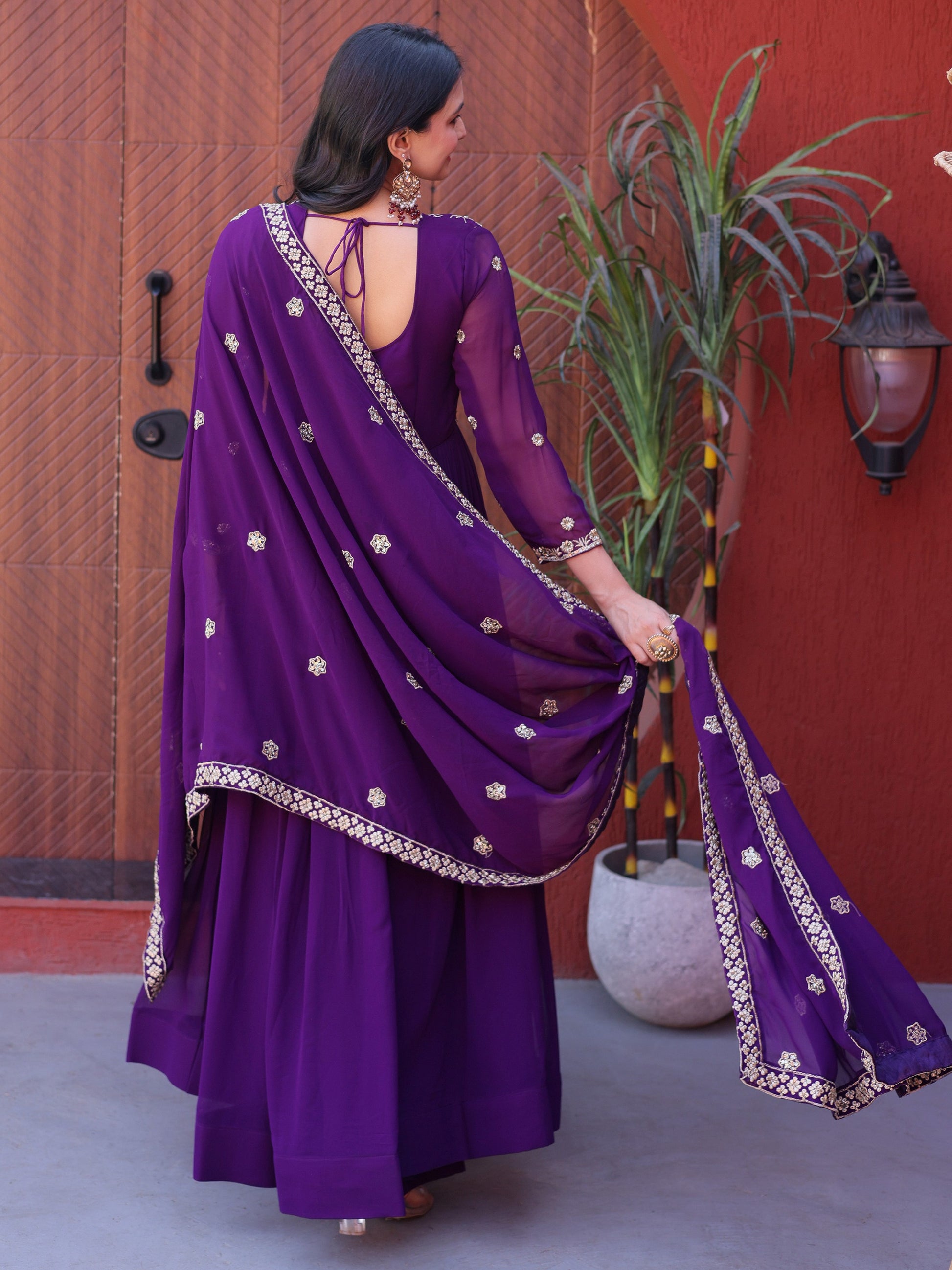 Graceful Purple Sequins Georgette Festival Wear Gown With Dupatta