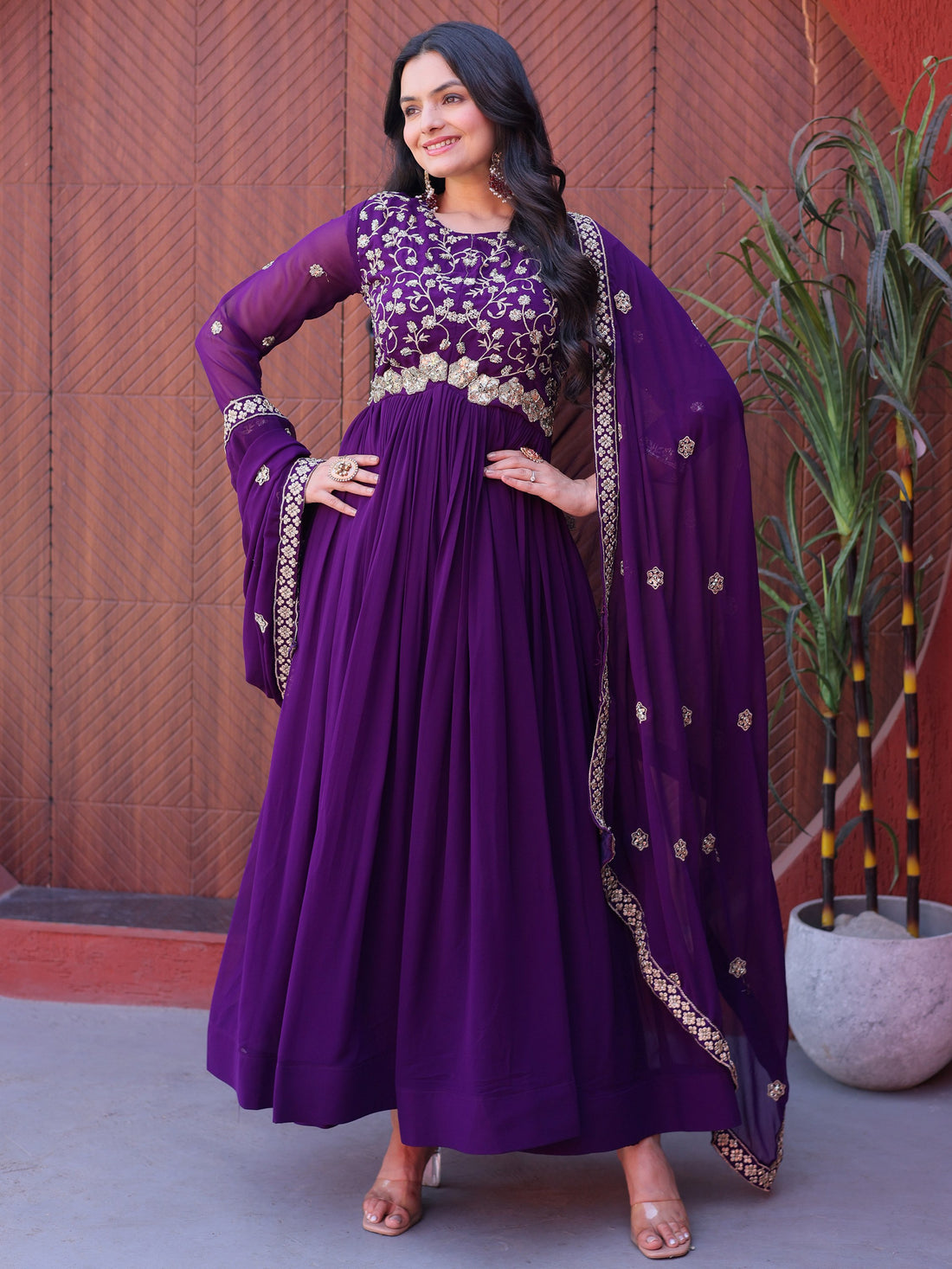 Graceful Purple Sequins Georgette Festival Wear Gown With Dupatta