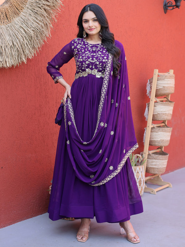 Graceful Purple Sequins Georgette Festival Wear Gown With Dupatta