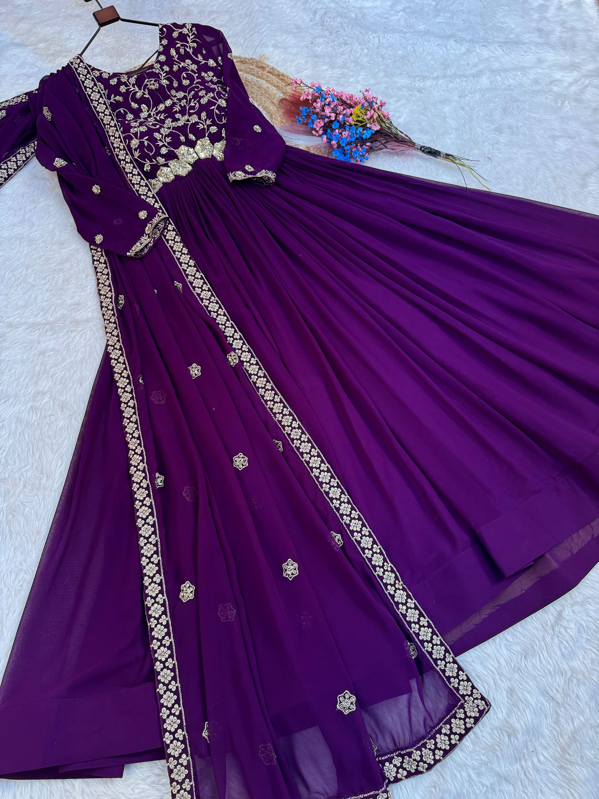 Graceful Purple Sequins Georgette Festival Wear Gown With Dupatta