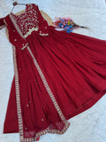 Stylish Maroon Sequins Georgette Festival Wear Gown With Dupatta