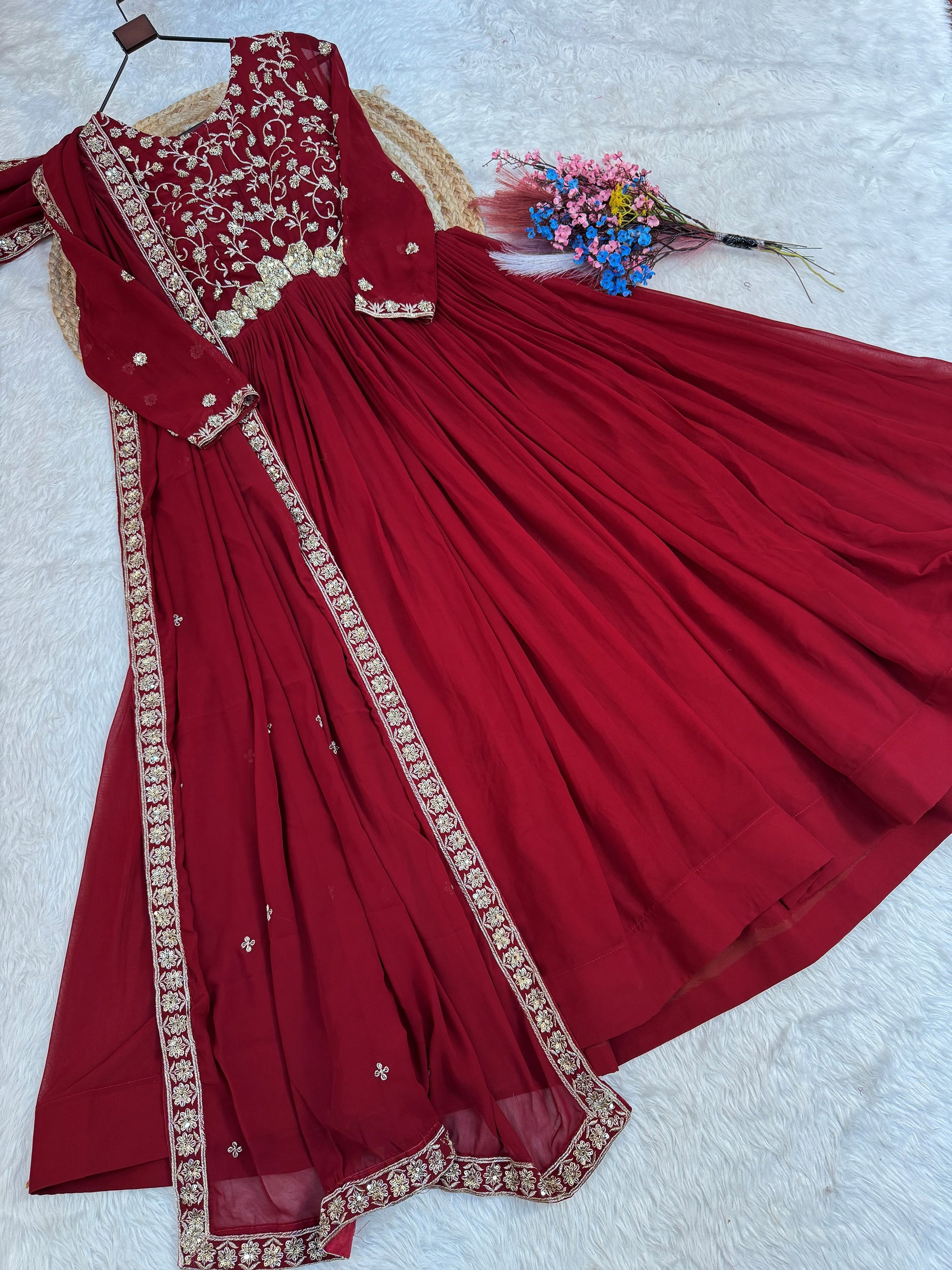 Stylish Maroon Sequins Georgette Festival Wear Gown With Dupatta