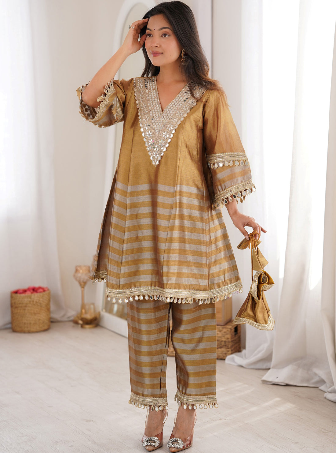 Stunning Golden Mirror Work Tissue  Co-Ord Set With Batwa