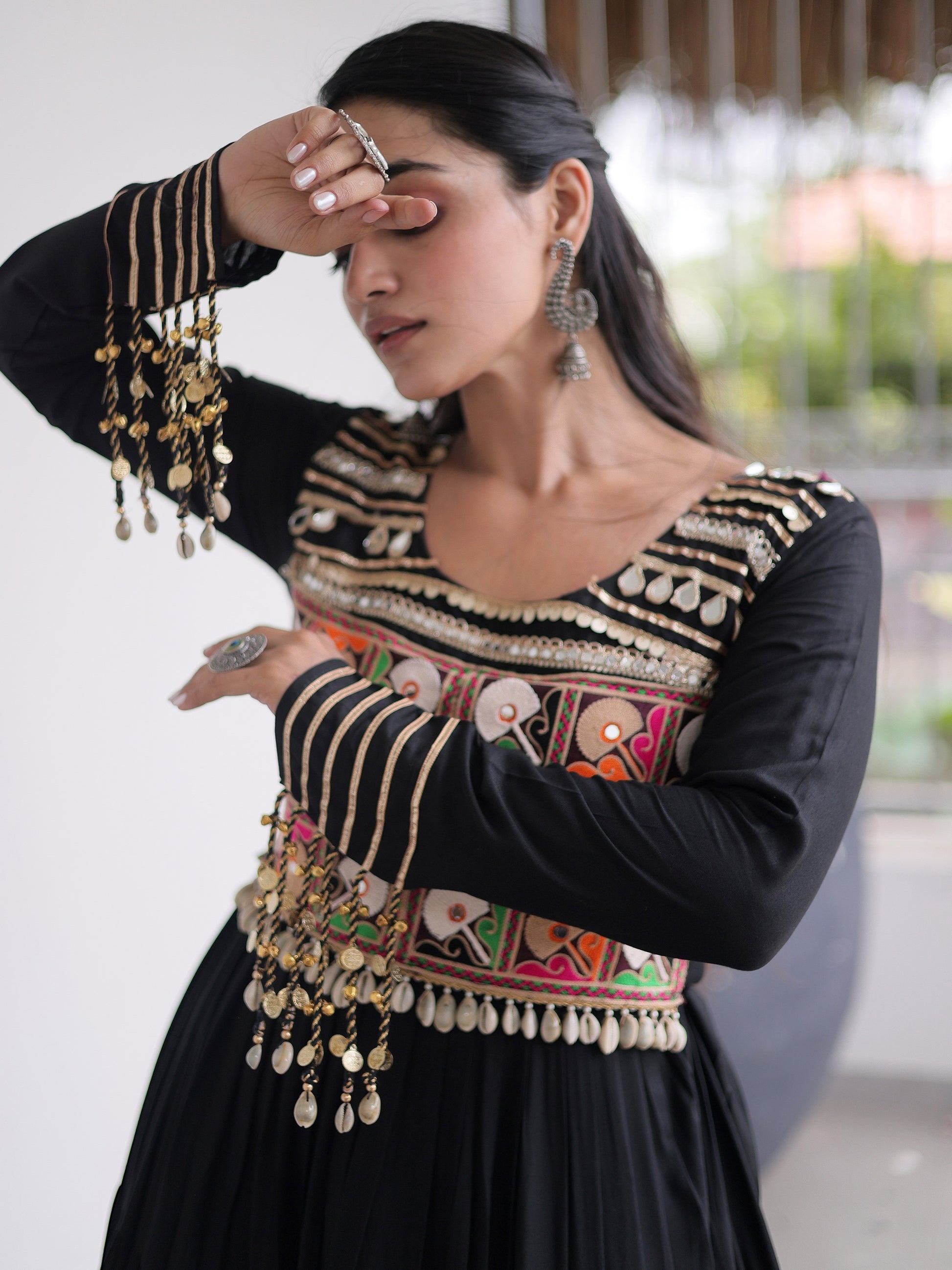 Captivating Black Mirror Work Rayon Navratri Wear Gown