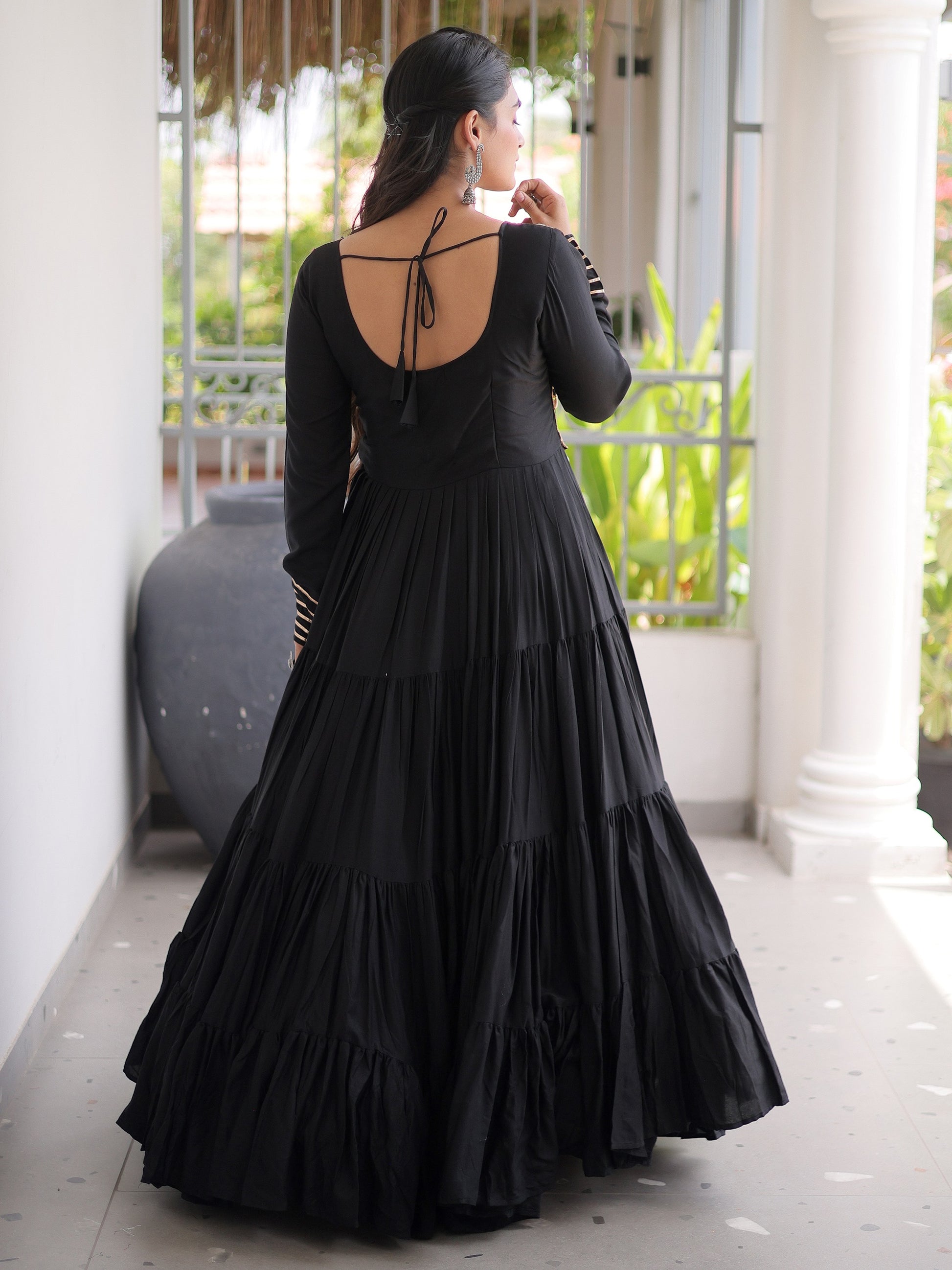 Captivating Black Mirror Work Rayon Navratri Wear Gown