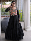 Captivating Black Mirror Work Rayon Navratri Wear Gown
