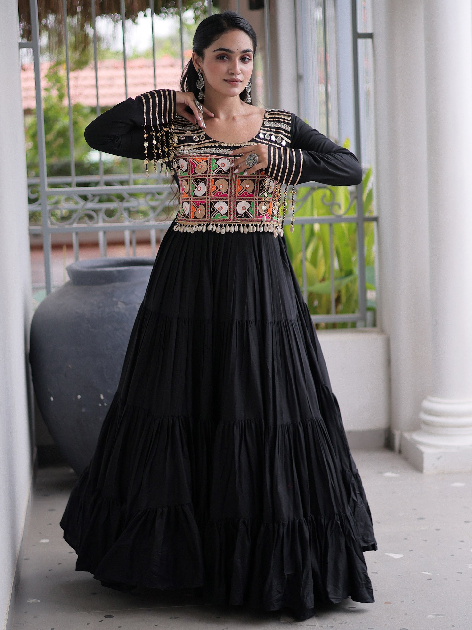 Captivating Black Mirror Work Rayon Navratri Wear Gown