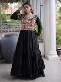 Captivating Black Mirror Work Rayon Navratri Wear Gown