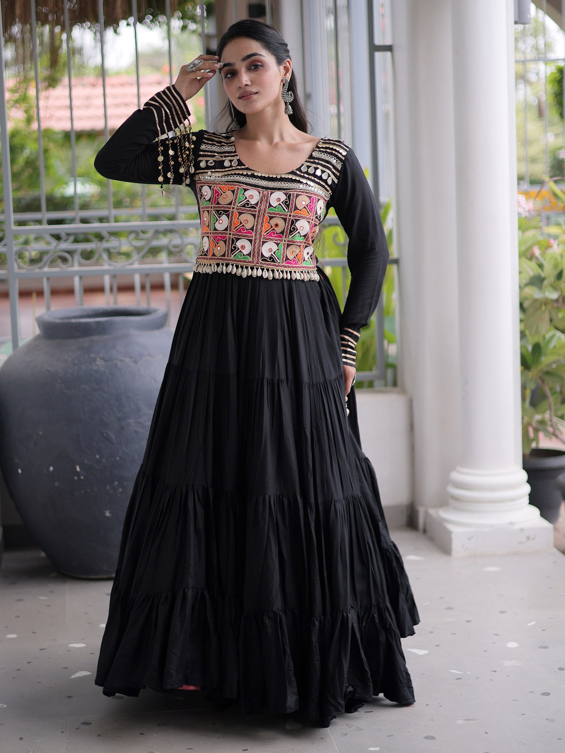 Captivating Black Mirror Work Rayon Navratri Wear Gown