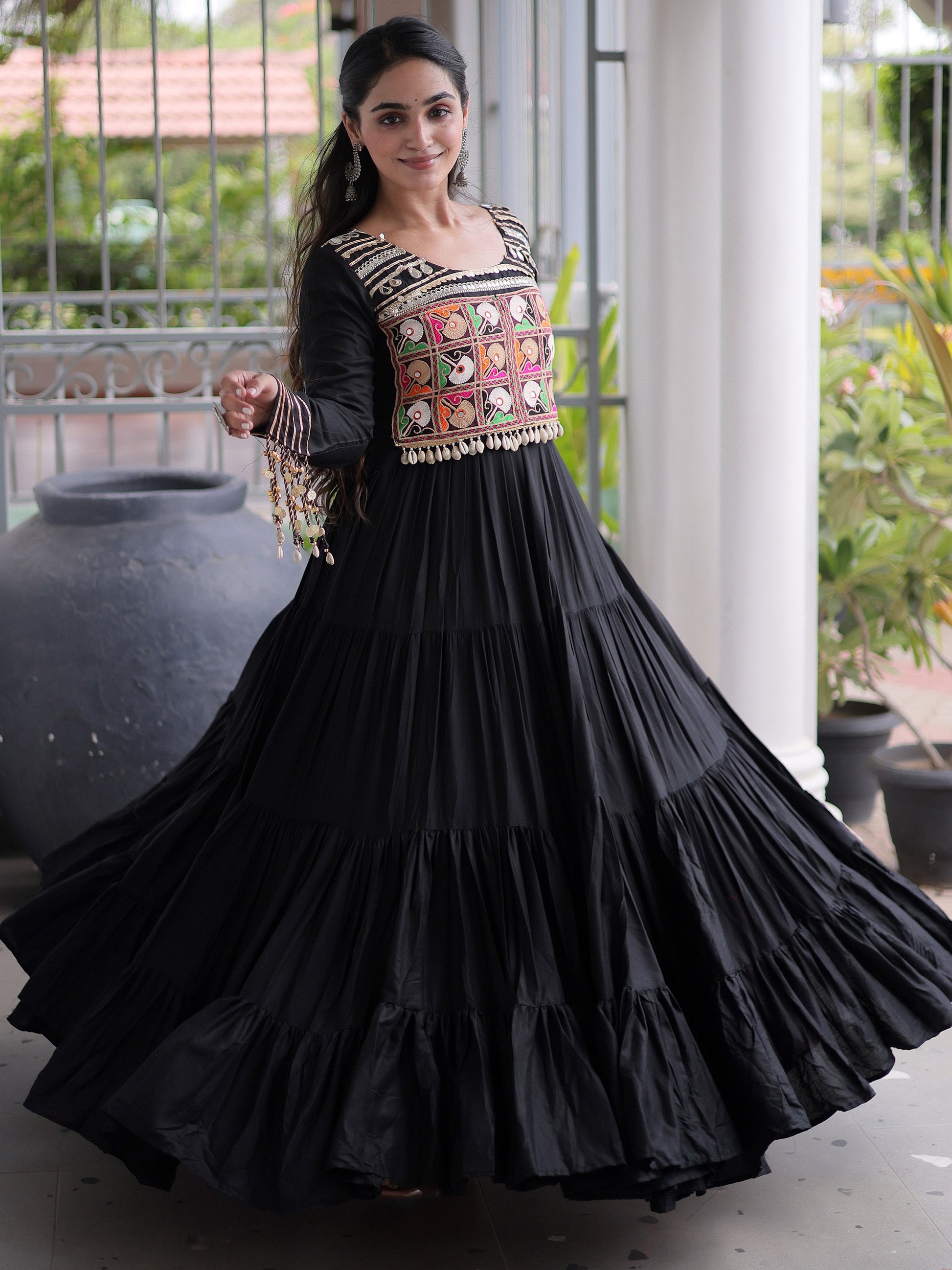 Captivating Black Mirror Work Rayon Navratri Wear Gown