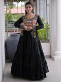 Captivating Black Mirror Work Rayon Navratri Wear Gown