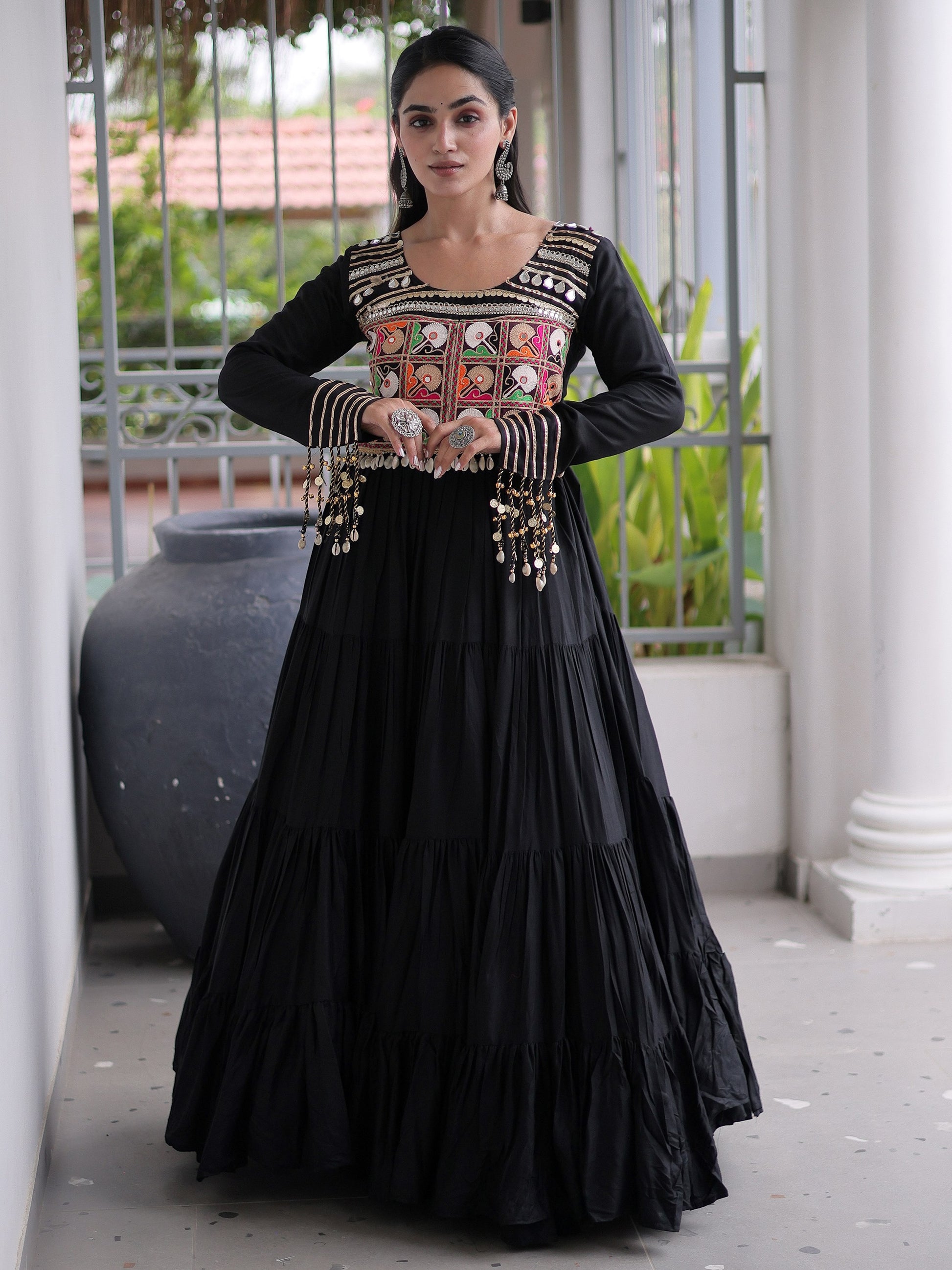 Captivating Black Mirror Work Rayon Navratri Wear Gown
