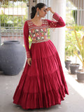 Wonderful Red Gamthi Work Rayon Navratri Wear Gown