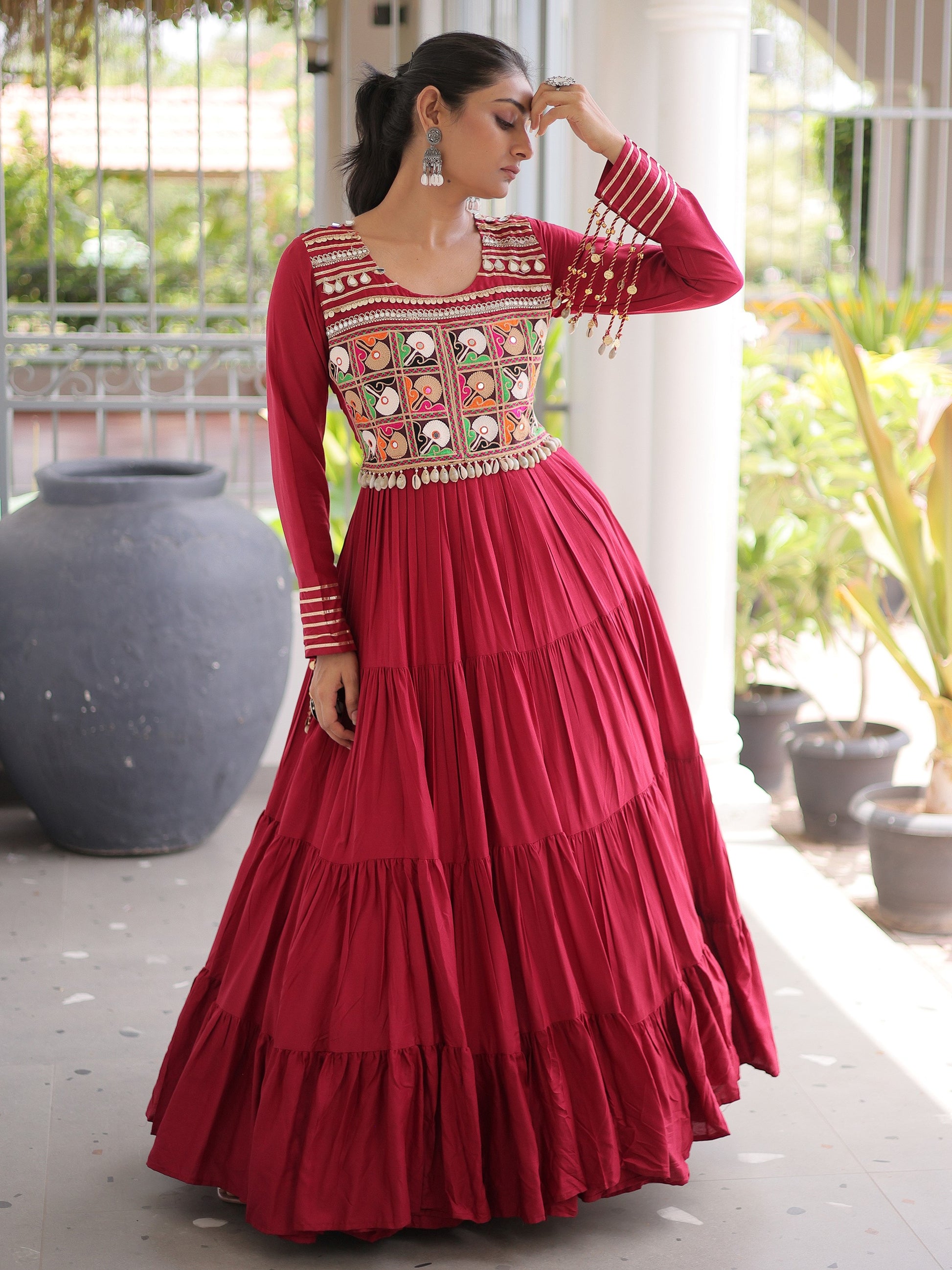 Wonderful Red Gamthi Work Rayon Navratri Wear Gown