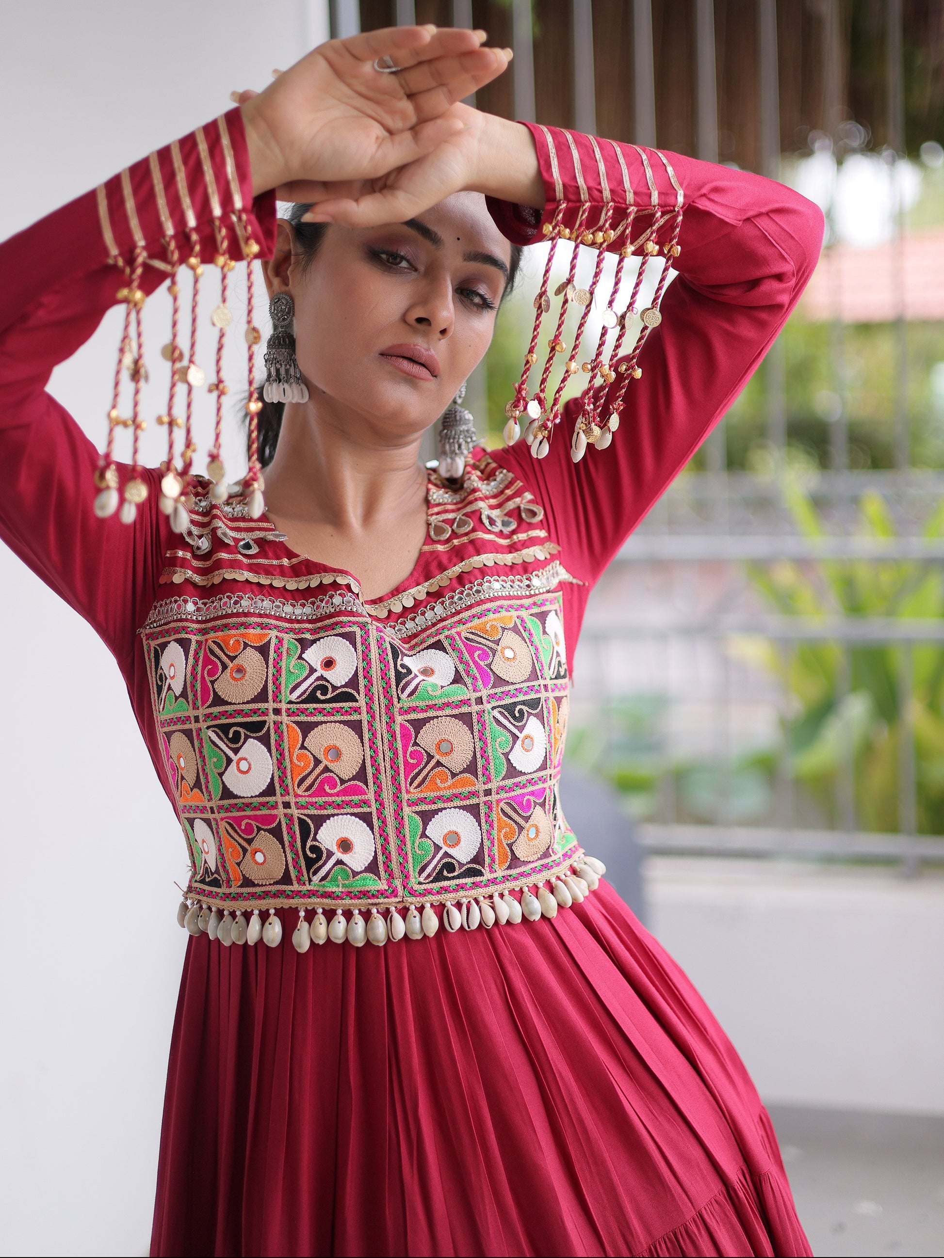 Wonderful Red Gamthi Work Rayon Navratri Wear Gown