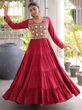 Wonderful Red Gamthi Work Rayon Navratri Wear Gown