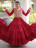 Wonderful Red Gamthi Work Rayon Navratri Wear Gown