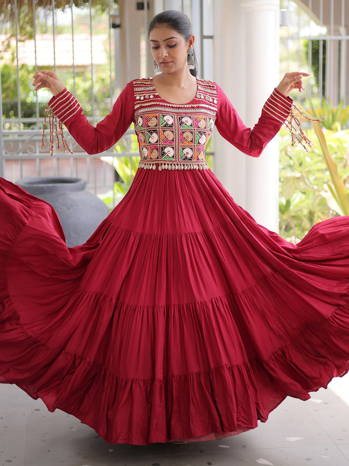 Wonderful Red Gamthi Work Rayon Navratri Wear Gown
