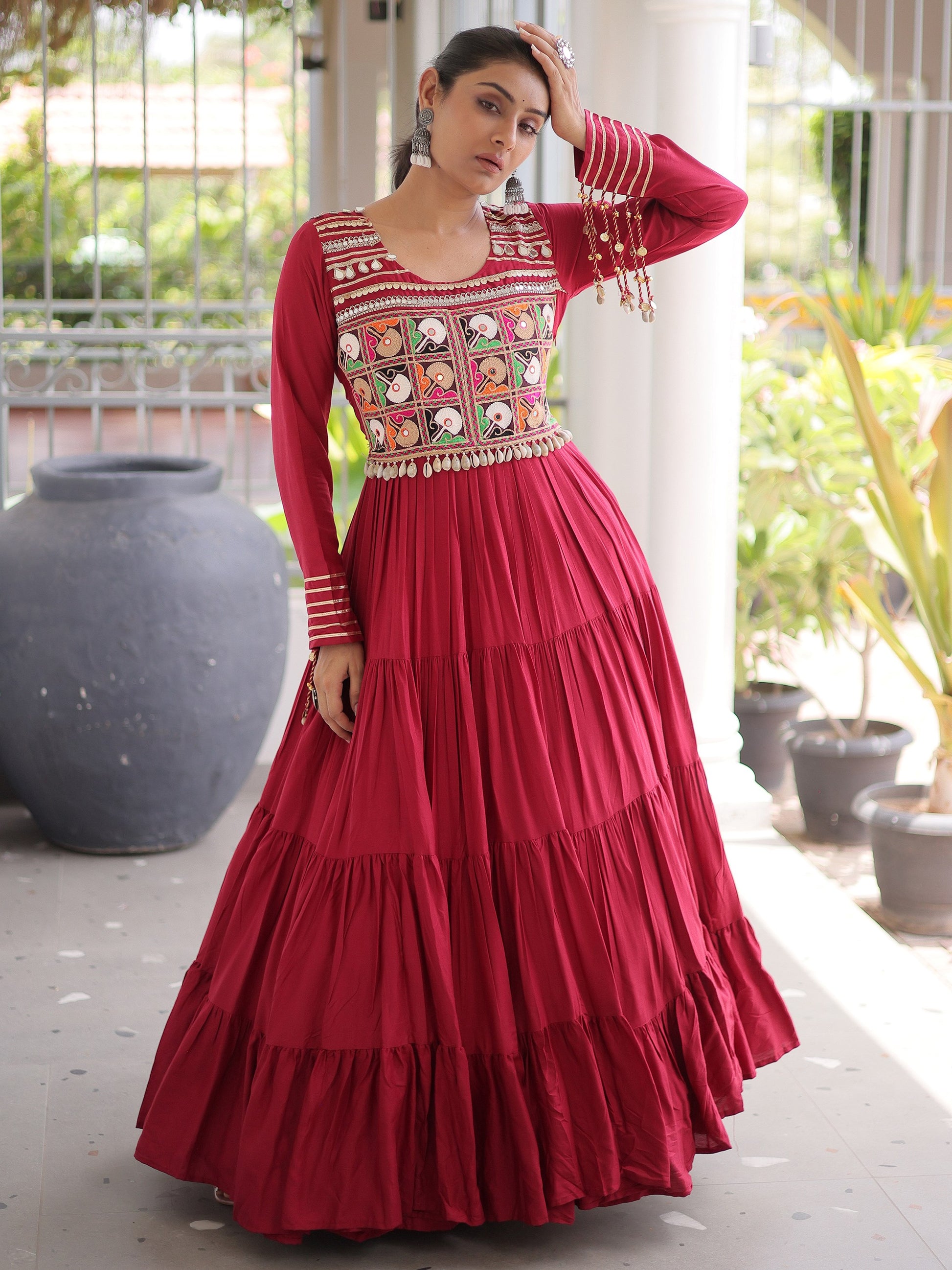 Wonderful Red Gamthi Work Rayon Navratri Wear Gown