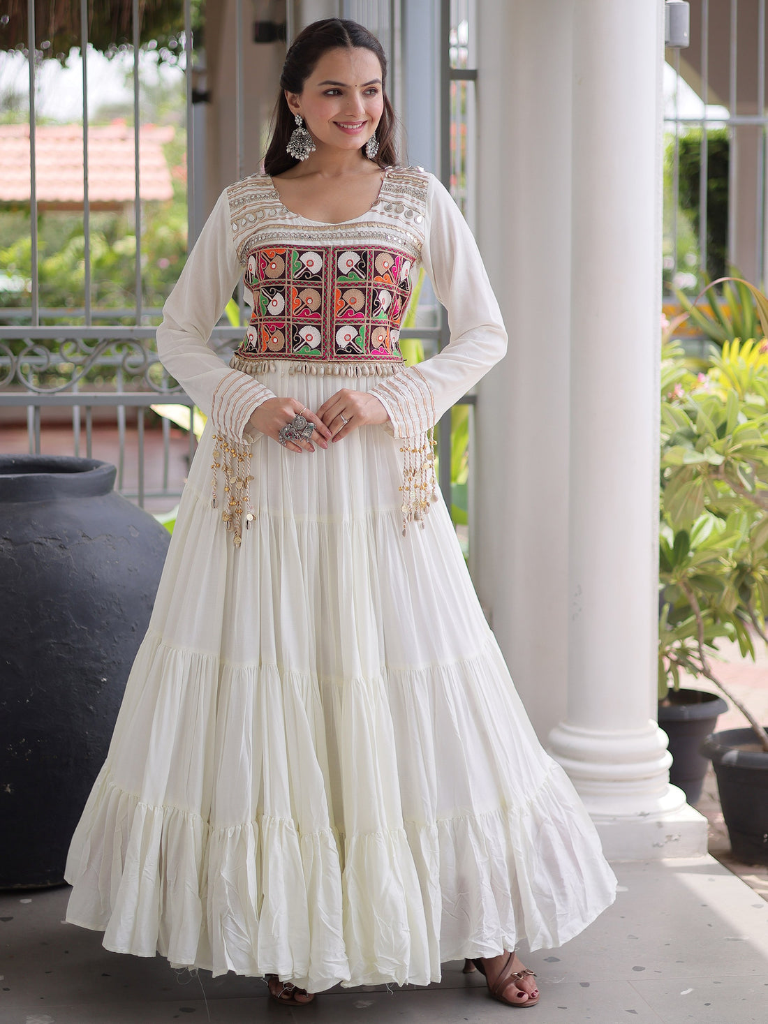 Impressive White Gamthi Work Rayon Navratri Wear Gown