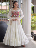 Impressive White Gamthi Work Rayon Navratri Wear Gown