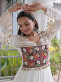 Impressive White Gamthi Work Rayon Navratri Wear Gown