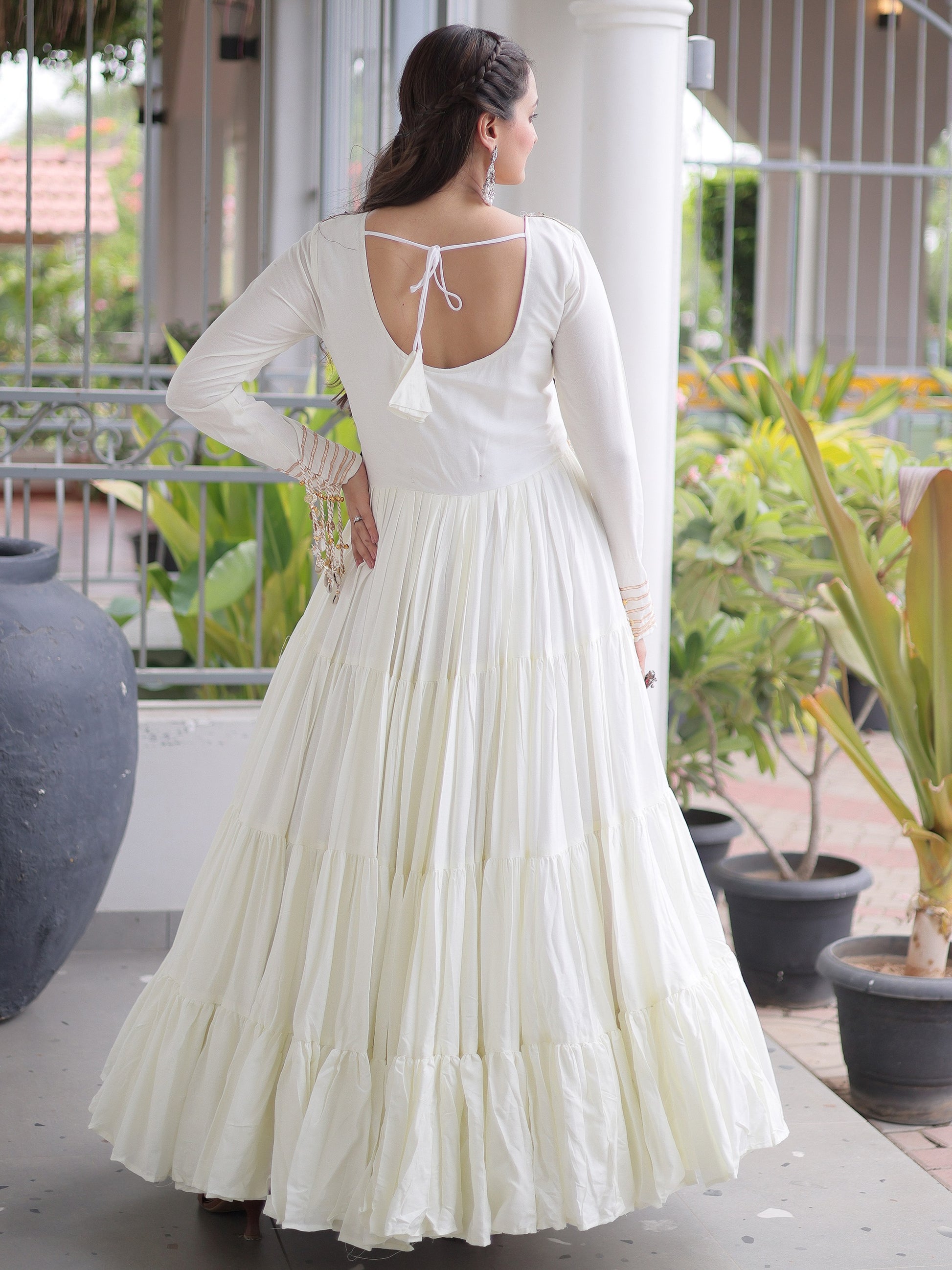 Impressive White Gamthi Work Rayon Navratri Wear Gown