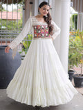 Impressive White Gamthi Work Rayon Navratri Wear Gown