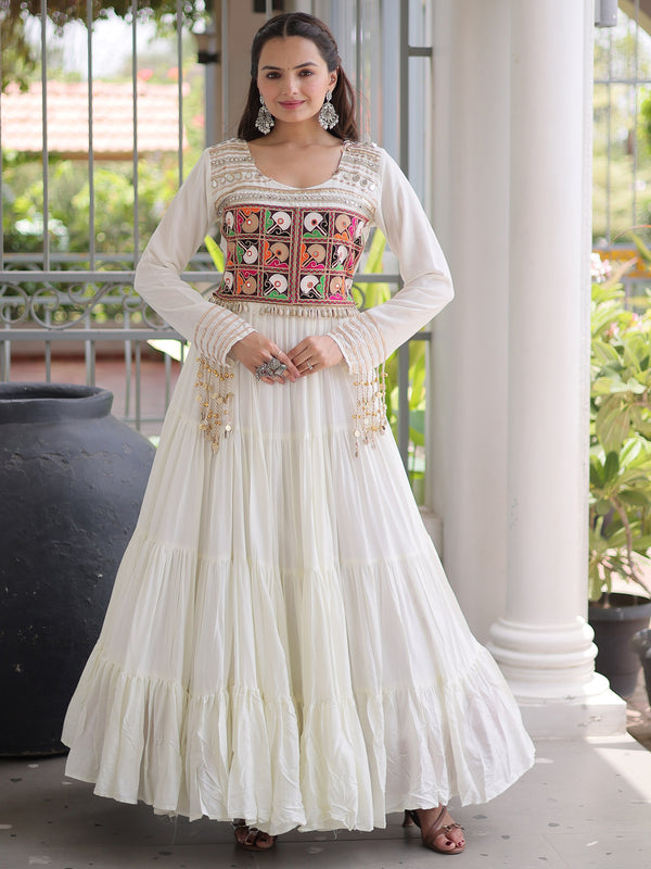 Impressive White Gamthi Work Rayon Navratri Wear Gown