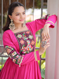 Attractive Pink Gamthi Work Rayon Navratri Wear Gown