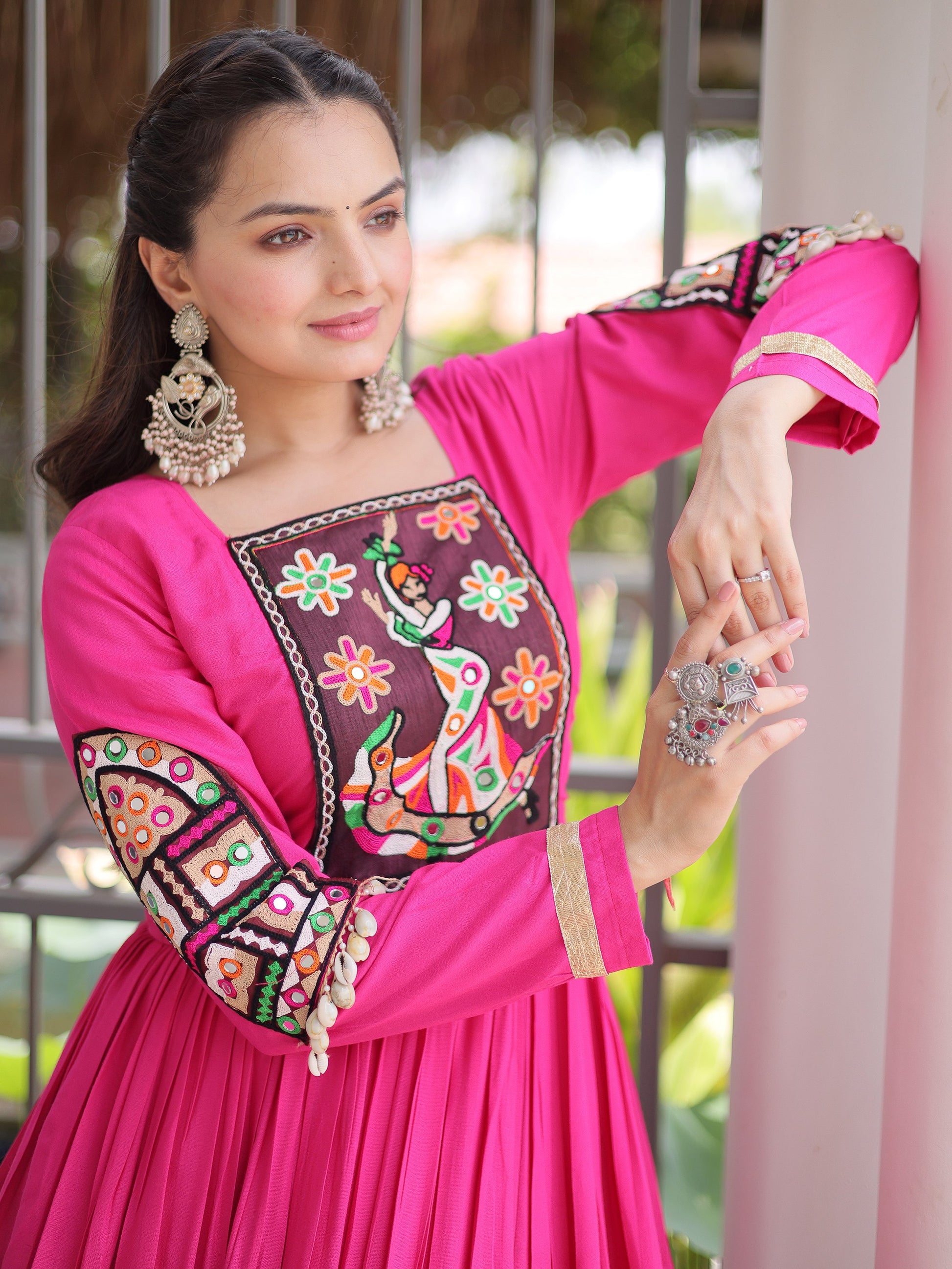 Attractive Pink Gamthi Work Rayon Navratri Wear Gown