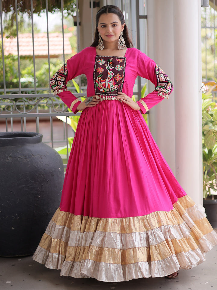 Attractive Pink Gamthi Work Rayon Navratri Wear Gown