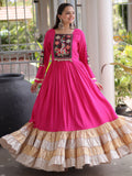 Attractive Pink Gamthi Work Rayon Navratri Wear Gown