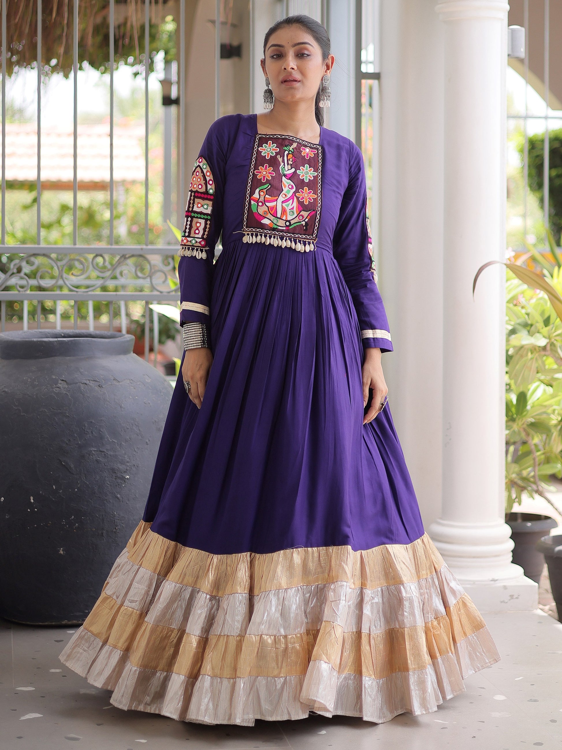 Charming Purple Thread Work Rayon Navratri Wear Gown