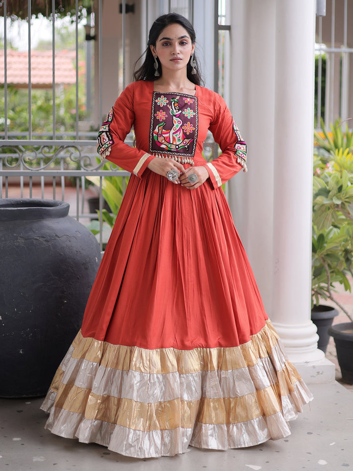 Enchanting Rust Gamthi Work Rayon Navratri Wear Gown