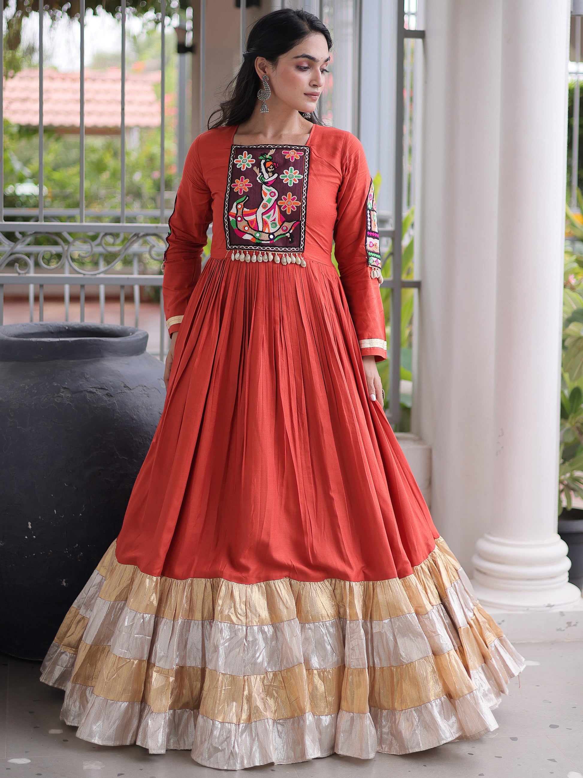 Enchanting Rust Gamthi Work Rayon Navratri Wear Gown